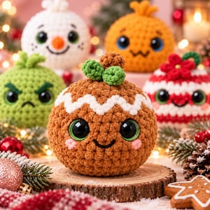 Puede incluir: Una colección de cinco adornos de peluche tejidos a ganchillo con forma redonda que representan varios personajes, incluyendo un hombre de jengibre marrón, una criatura verde, un muñeco de nieve blanco, un personaje naranja y una bola a rayas.