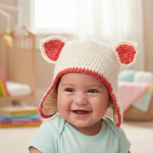 May include: A cream-colored crochet baby hat with coral-colored ear accents and trim. The hat is designed to resemble a bear. The baby is wearing a light blue onesie and smiling.