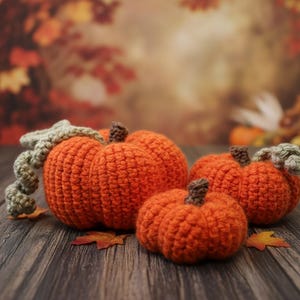 May include: A collection of crocheted pumpkins in varying sizes. The pumpkins are a vibrant orange with brown stems and green vines. They are arranged on a wooden surface with fall leaves in the background, creating a seasonal autumn theme.