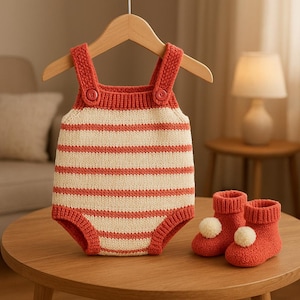 May include: A knitted baby romper with red and cream horizontal stripes, hanging on a wooden hanger. Two matching red booties with white pom-poms sit on a wooden table. The romper has red straps and buttons.