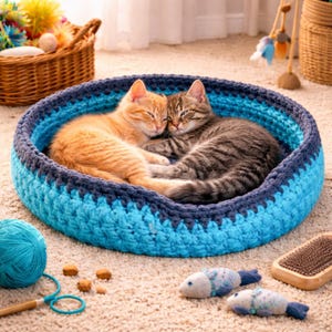 以下が含まれることがあります： 丸い青とネイビーのかぎ針編みの猫用ベッドで、2匹の猫が寄り添っています。1匹はオレンジ色、もう1匹は縞模様のグレーです。ベッドの周りには、魚の形をしたおもちゃ2つとブラシなど、猫のおもちゃがあります。
