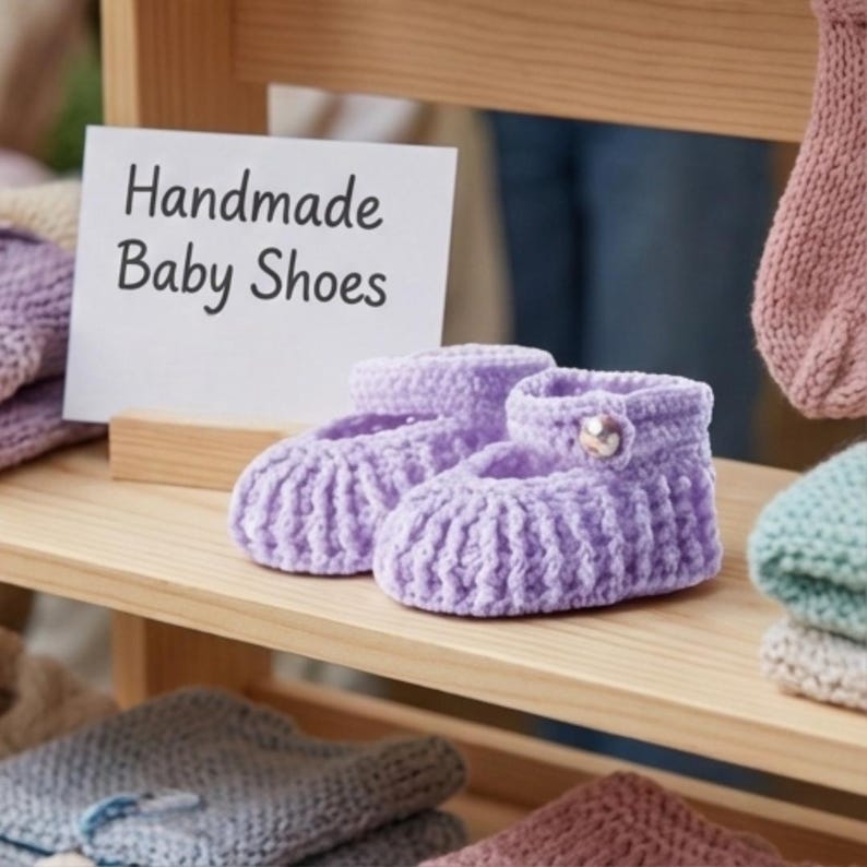 May include: A pair of handmade, lilac baby shoes made of a ribbed knit material. The shoes have a button detail on the side. A sign in the background reads "Handmade Baby Shoes".