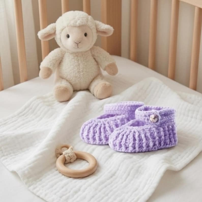 May include: A cream-coloured lamb toy sits on a white blanket next to a pair of lavender crochet baby booties. A wooden teething ring rests on the blanket. The items are arranged on a cot.