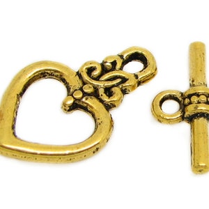 CLEARANCE SALE 10 Sets Antique Golden Heart Toggle Clasps 21x13mm (Perfect for necklaces or bracelets) -- Jewelry Findings J1C