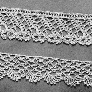 May include: Two close-up images of white crocheted lace trim. The top image is labeled "3-1" and the bottom image is labeled "3-2".
