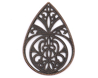 Antique Copper Filigree Chandelier Drops / Teardrop Filigree Stampings / Filligree Embellishments [6 pieces] -- F113753
