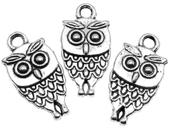 Silver Charms : 10 Double-Sided Antique Silver Owl Charms / Silver Owl Pendants  -- Lead, Nickel & Cadmium Free  100807.A10