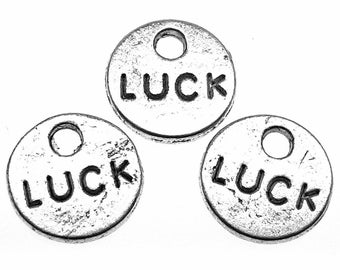 SALE 50% OFF Antique Silver LUCK Charms / Silver Double-Sided Stamped Round Lucky Charms [10 pieces]] -- Lead & Cadmium Free 123975.J3H
