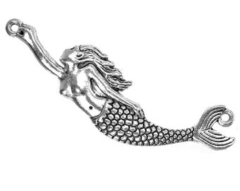 Antique Silver Large Mermaid Pendant / Mermaid Connector [1 piece] -- Lead & Cadmium Free 0523.B31