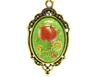 Apple Green Vintage Tensha Japanese Floral Cameo in an Antique Gold Setting - B28
