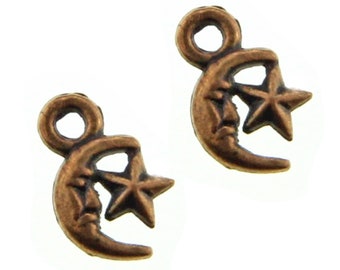 Antique Copper Moon & Star Charms / Copper Celestial Charms [ 10 pieces ] -- Lead, Nickel, Cadmium Free Jewelry Findings