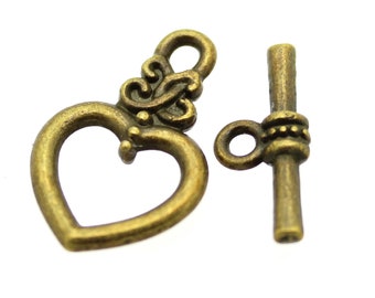 SALE *** Antique Bronze Heart Toggle Clasps / Brass Ox Necklace or Bracelet Clasps [10 pieces] -- Lead, Nickel & Cadmium Free  1526.J2H