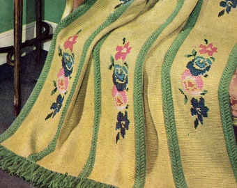 Crochet Blanket Pattern / Vintage "Roses in Bloom" Tunisian Cross Stitch Embroidered Crochet Afghan Pattern -- INSTANT PDF Digital Download
