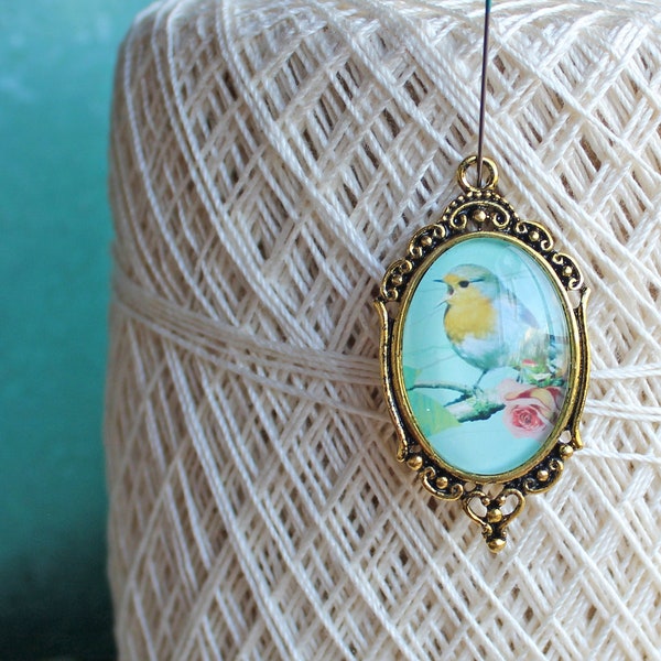Antique Gold Cabochon Setting with Handmade Domed Bird Glass Cabochon -- Make your own necklace  C12