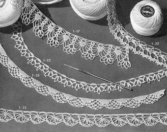 Vintage Lace Crochet Edgings Pattern -- INSTANT DOWNLOAD, PDF -- 5 Different Designs, Digital Crochet Pattern,  c.1943
