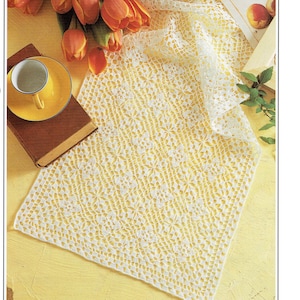 May include: White crocheted table runner with a delicate floral pattern. The runner is laid out on a yellow surface with a book and a cup of coffee.