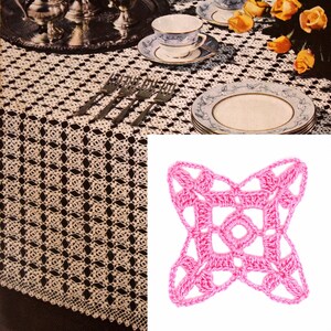 May include: A close-up of a crocheted tablecloth with a delicate diamond pattern. The tablecloth is white with a subtle pink hue. A pink crocheted motif is shown separately, featuring a square shape with intricate openwork details.