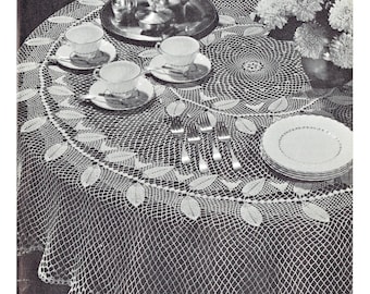 Crochet Tablecloth Pattern, 1960s "Garland of Leaves" Round Tablecloth Vintage Crochet Pattern PDF -- INSTANT DOWNLOAD -- c.1961