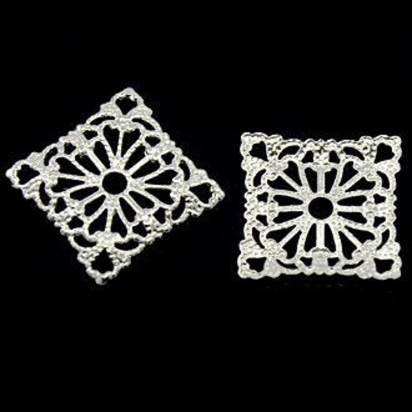 Brass Vintage Filigree Embellishments / Silver Rhombus Filligree Stampings / Findings [10 pieces] -- F145000