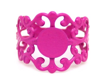 Fuchsia Rose Adjustable Metal Filigree Ring Blank with Glue Pad [1 piece] -- Lead Free Ring Setting   043-F7