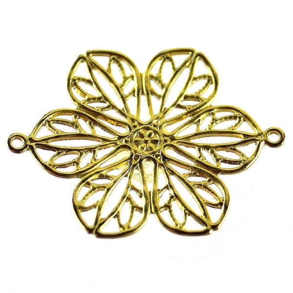Unplated Brass Filigree Flower Links / Raw Brass Filligree Connectors / Embellishments [ 4 pieces ]--Lead, Nickel & Cadmium Free F11912