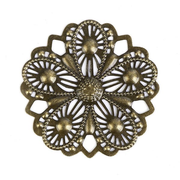 Filigree Embellishments: 10 pieces Antique Bronze Flower Filigree Connectors Links | Round Filigree Metal Stampings -- F-100545