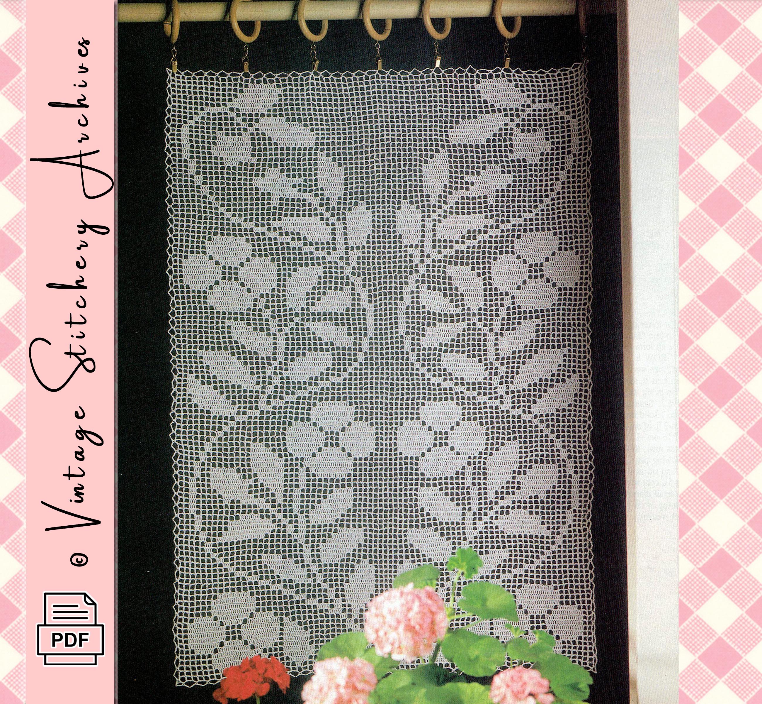 8 Vintage Filet Crochet Charts Featuring Butterflies, Doilies, and Floral Motifs 7 Vintage Climbers Filet Crochet Curtain Panel