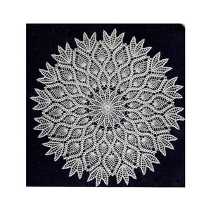 May include: A white crocheted doily with a circular design featuring intricate floral patterns. The doily is on a black background.