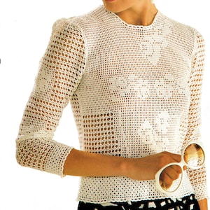 Fashion Filet Crochet Pattern, "Roses in Picardy Filet Crochet Sweater" Digital PDF Pattern -- INSTANT DOWNLOAD - Medium, Misses 10-12