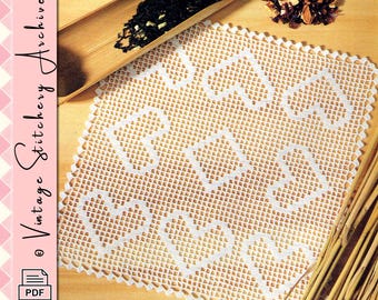 Vintage Filet Crochet Pattern "Kind Hearts Square Doily" Digital PDF Pattern -- INSTANT DOWNLOAD, Doily Crochet Pattern, 9-1/4” on each side