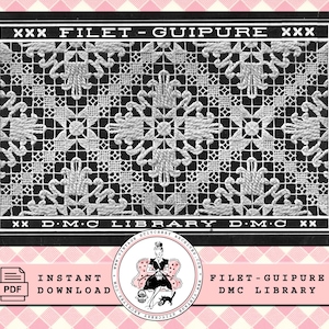アンティーク ニードルワーク ネット刺繍パターンブック、「フィレ・ギピュール」英語版、電子書籍（PDF） -- 即時ダウンロード -- DMC ライブラリ、1890 年頃