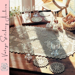 Patroon vintage filetgehaakte placemat en onderzetter, 'fancy table set' (digitale pdf)