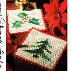 Vintage Crochet Doily Pattern, &quot;Holiday Coasters&quot; Digital Crochet PDF Pattern -- INSTANT DOWNLOAD, Christmas Crochet Pattern