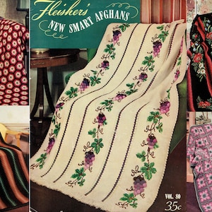 Puede incluir: Una portada de revista vintage con varios afganos de ganchillo. La imagen principal muestra un afgano color crema con bordado de vid. Otros afganos incluyen un patrón geométrico rojo y negro y un diseño a rayas. El título de la revista dice "Fleisher's New Smart Afghans."