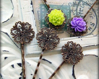 Antique Bronze Filigree Bobby Pins / Hairpin with Pad ... Works Great With Resin Flower Cabochons [10 pieces] -- 11995.C38