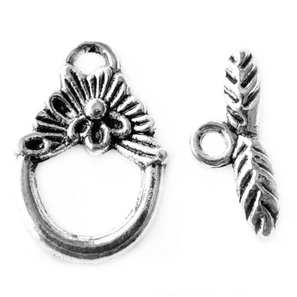 CLEARANCE SALE Antique Silver Flower Toggle Clasps, Perfect for Necklaces or Bracelets [10 sets]  -- Lead, Nickel & Cadmium Free 0328.Q