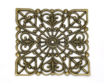 Antique Bronze Filigree Connectors / Metal Jewelry Stampings / Square Links 40x40mm [2 pieces] -- Great for Earrings F14202-2