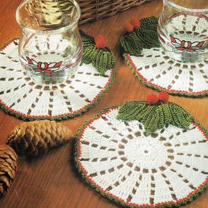 Vintage Crochet Doily Pattern, &quot;Holly Coasters&quot; Digital Crochet PDF Pattern -- INSTANT DOWNLOAD, Christmas Crochet Pattern