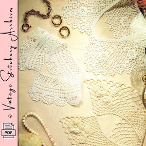 May include: Cream-colored crochet lace and trim in various patterns, including floral and geometric designs. Gold-toned jewelry, including hoop earrings and a chain, are scattered around the lace. The image has a vintage aesthetic, with the text "Vintage Stitchery Archives" visible.