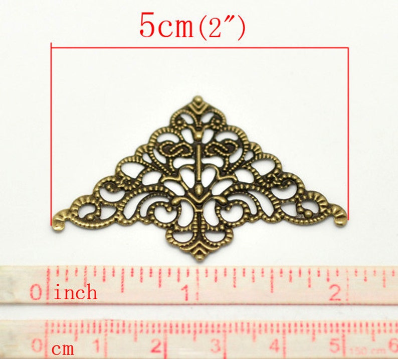 Antique Brass Filigree Triangular Connectors Links / Bronze Filigree Jewelry Stampings 8 pieces ... Lead, Nickel & Cadmium Free F17546 image 2