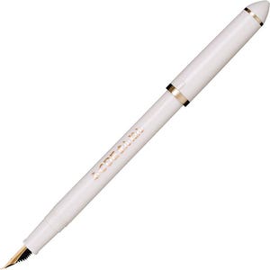 White pen with gold accents on a white background