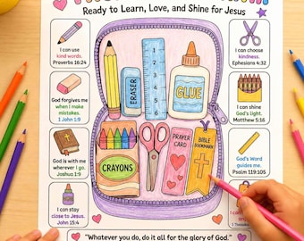 Página para colorear cristiana de regreso a clases, llena de fe para niños, imprimible, actividad bíblica, manualidad de útiles escolares, hoja de trabajo para la escuela dominical en PDF.
