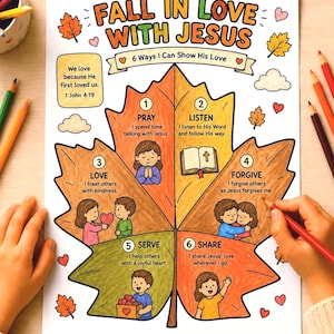 Fiche d'activité « Tomber amoureux de Jésus », activité chrétienne d'automne pour enfants, document imprimable pour l'école du dimanche, réflexion biblique et coloriage d'automne