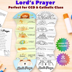 Op de afbeelding: Educatief materiaal voor godsdienstonderwijs. De afbeelding toont een kleurplaat en twee opvouwbare papieren knutselwerkjes met illustraties en de tekst van het Onze Vader. Ook schaar, lijm en kleurpotloden zijn inbegrepen.
