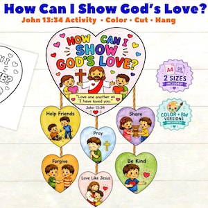 Puede incluir: Una actividad manual imprimible con un corazón grande que incluye el texto How Can I Show God's Love? y tarjetas pequeñas en forma de corazón que muestran a niños realizando actos de bondad como ayudar, compartir, orar, perdonar y ser amables.