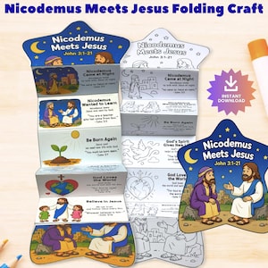 Könnte beinhalten: Ein Nicodemus Meets Jesus Faltbastelset mit sternförmigen Papiervorlagen, farbigen Illustrationen und Schwarz-Weiß-Versionen zum Ausmalen. Das Set enthält Szenen aus Johannes 3,1-21, einen Klebestift und Buntstifte für die Gestaltung.