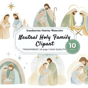Skandinavisk julkrubba Clipart Set 10 PNG | Minimalistisk akvarell av den heliga familjen | Neutral julkrubba | Maria, Josef och Jesusbarnet