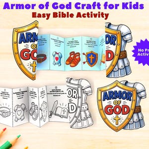 Puede incluir: Una manualidad para niños con el texto «Armor of God Craft for Kids Easy Bible Activity». La imagen muestra un escudo, una armadura y un folleto con ilustraciones. También se ven las palabras «No Prep Activity».