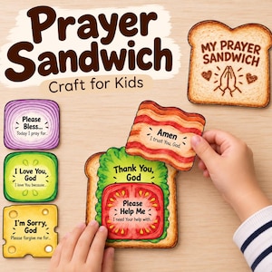 Può includere: Un set di lavoretti Prayer Sandwich per bambini con ritagli di carta a forma di pane, pancetta, lattuga, pomodoro, formaggio e cipolla. Ogni pezzo include testo stampato come "My Prayer Sandwich", "Amen", "Thank You, God" e "Please Help Me".