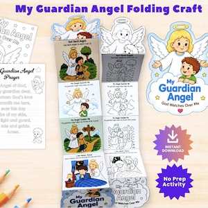 May include: A My Guardian Angel folding craft activity set featuring printed sheets with illustrations of an angel and a child, prayer text, and coloring pages. The set includes a colorful accordion-style foldout, a prayer card, and a large angel cutout.